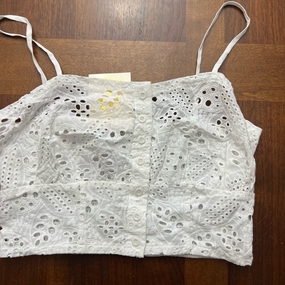 Rebellion White Lace Button Front Crop Top Size Large NWT